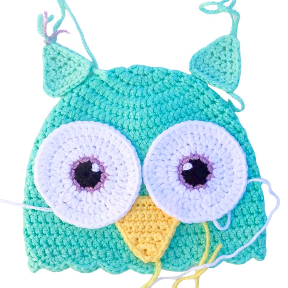 Close-up of a crochet owl hat showing the eyes and beak sewn onto the hat, highlighting the face details and construction