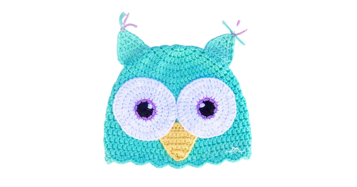 Crochet owl hat pattern featuring a teal owl hat with oversized eyes, yellow beak, and pointed ears, suitable for baby through adult sizes