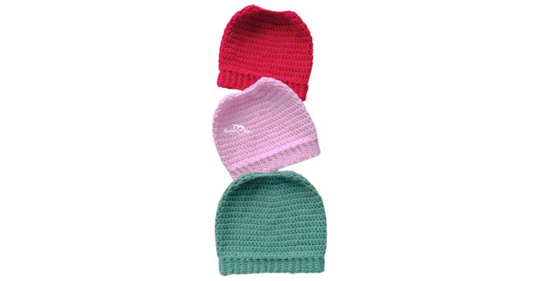 Three crochet ponytail hats stacked in a vertical photo, showing toddler, child, and adult sizes with ribbed brims