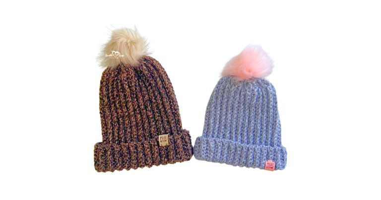 Two crochet ribbed beanies made flat in rows, shown in child and adult sizes with folded brims and pom poms, made using bulky weight yarn