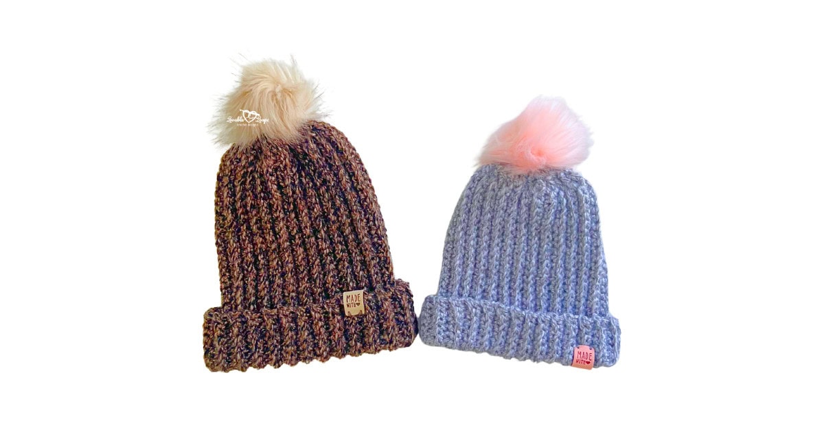 Two crochet ribbed beanies made flat in rows, shown in child and adult sizes with folded brims and pom poms, made using bulky weight yarn