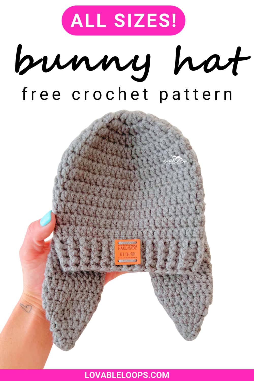 Free crochet bunny hat pattern with long floppy ears, beginner-friendly and available in baby, toddler, child, and adult sizes