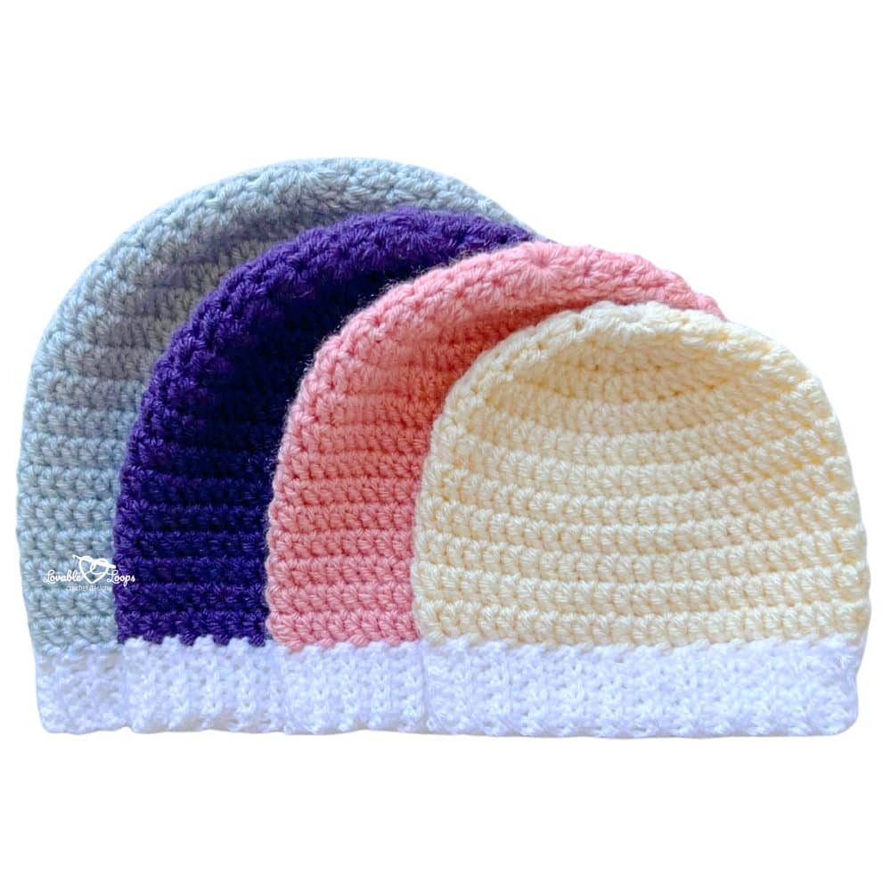 How to crochet a beanie in four sizes shown layered, featuring a stretchy ribbed brim and simple top-down construction.