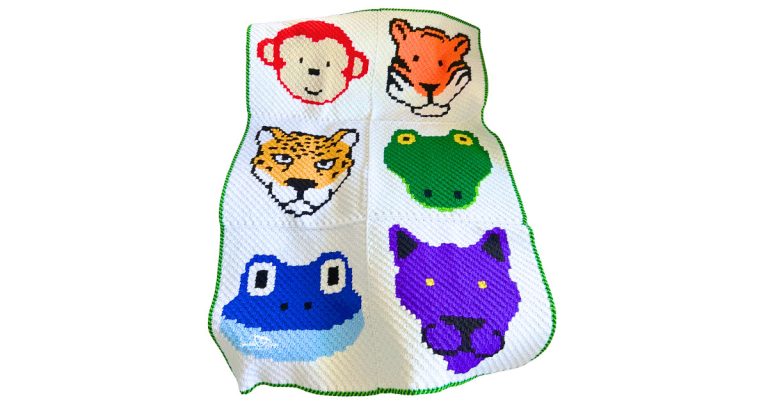 Full view of C2C jungle animals crochet baby blanket showing six safari animal squares arranged in two columns with a white background and green edging.