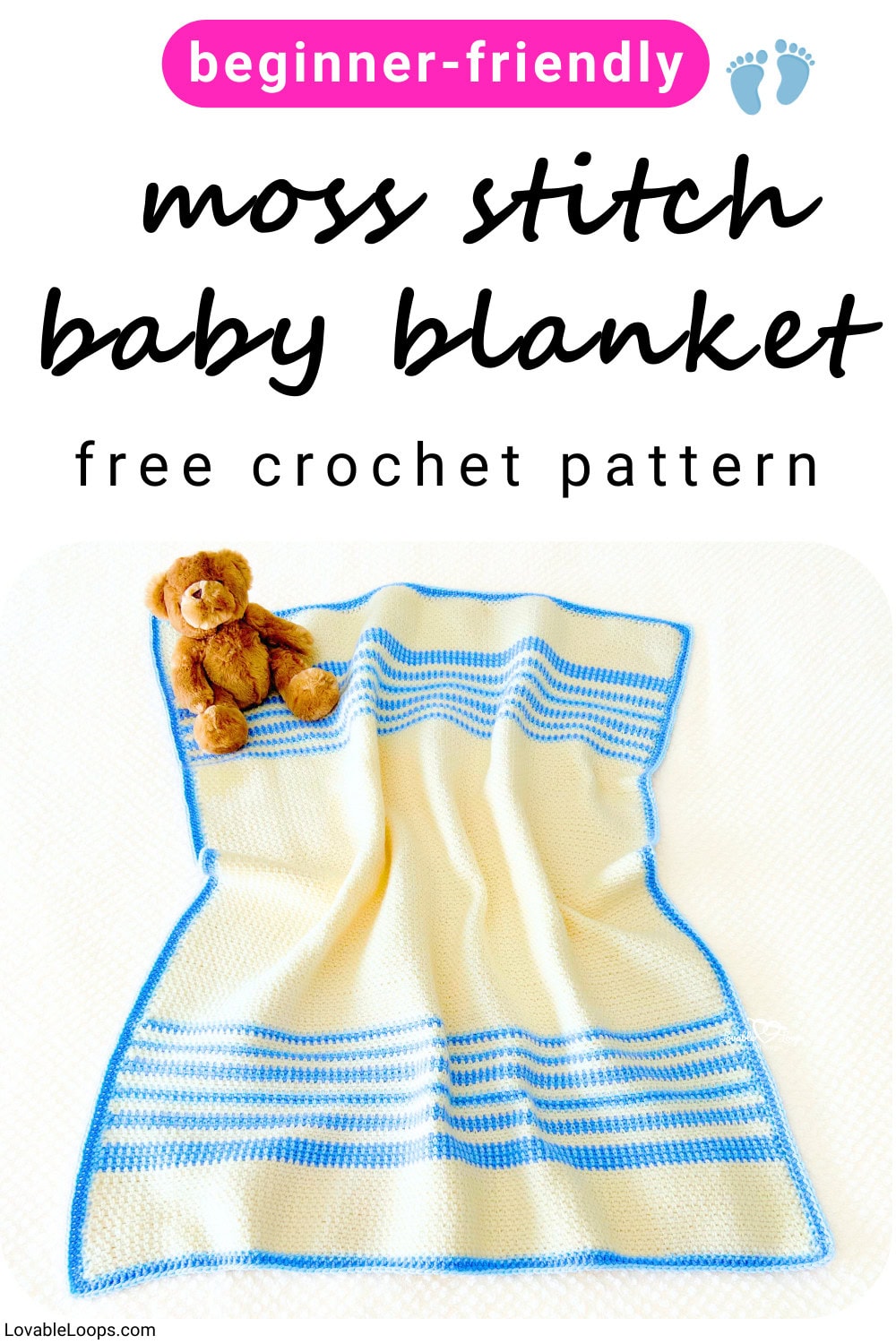 Moss stitch baby blanket crochet pattern made with worsted weight yarn, featuring a soft neutral baby blanket with simple rows and color changes