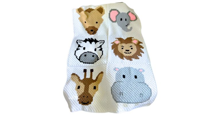 Corner-to-corner C2C crochet safari animals baby blanket featuring a bear, elephant, zebra, lion, giraffe, and hippo worked in colorful panels on a soft white background.