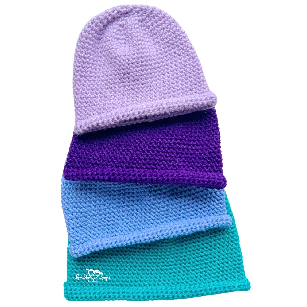 Beginner-friendly single crochet beanie pattern stacked to show sizing and rolled brim option