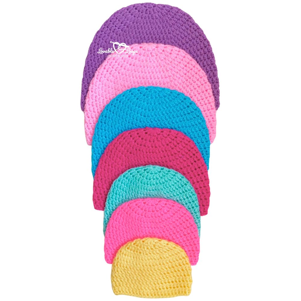 Top-down view of basic crochet beanie pattern showing crown shaping in multiple sizes and colors