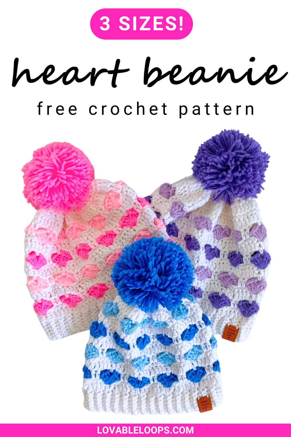 Free crochet heart beanie pattern made with the corner-to-corner technique, showing colorful heart motifs and a ribbed brim.