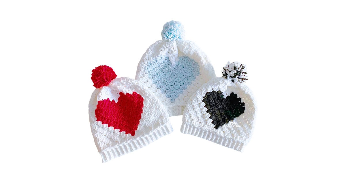 Free and easy Crochet heart Hat Pattern for Beginners shown in toddler, child, and adult sizes; perfect for Valentine&rsquo;s Day; features a cute c2c heart design; great for girls, women, and mommy and me sets.