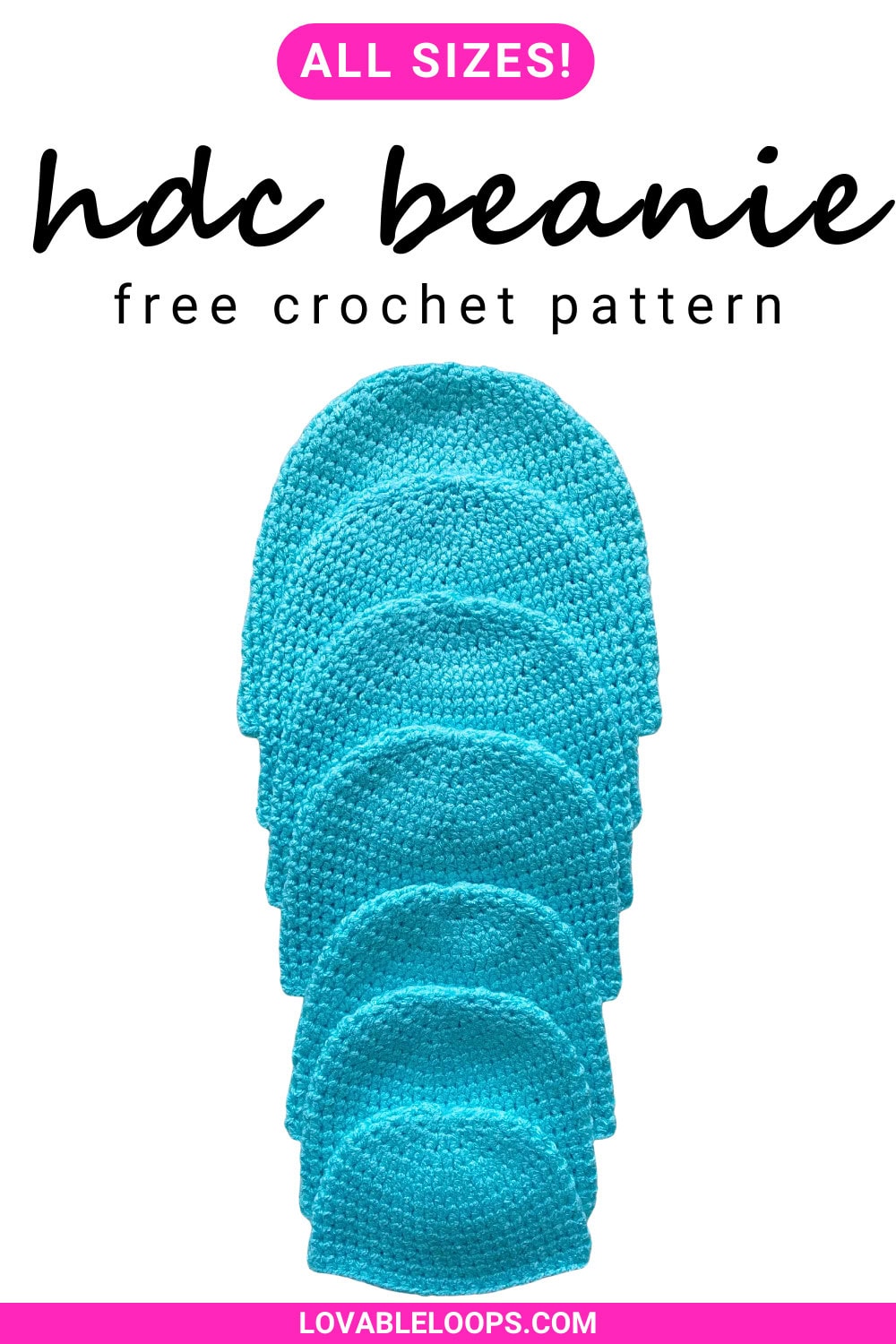 Free half double crochet beanie pattern made in all sizes from baby to adult using simple stitches and a top-down construction.