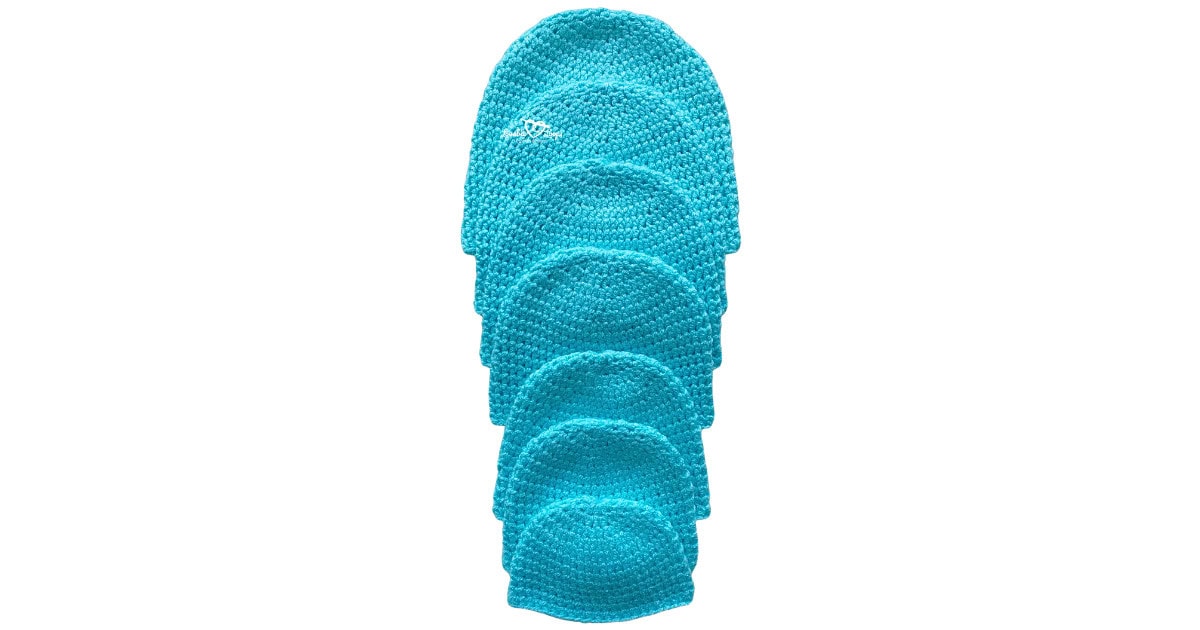 Easy half double crochet beanie crocheted in the round from the top down, shown in multiple sizes from baby to adult.