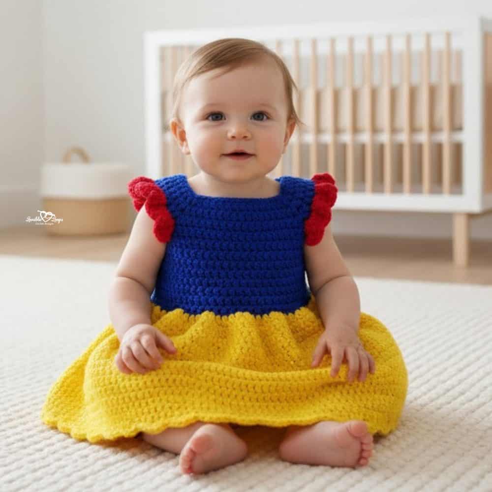 Crochet Snow White-inspired baby dress pattern with a blue bodice and yellow skirt, modeled in a bright neutral nursery.