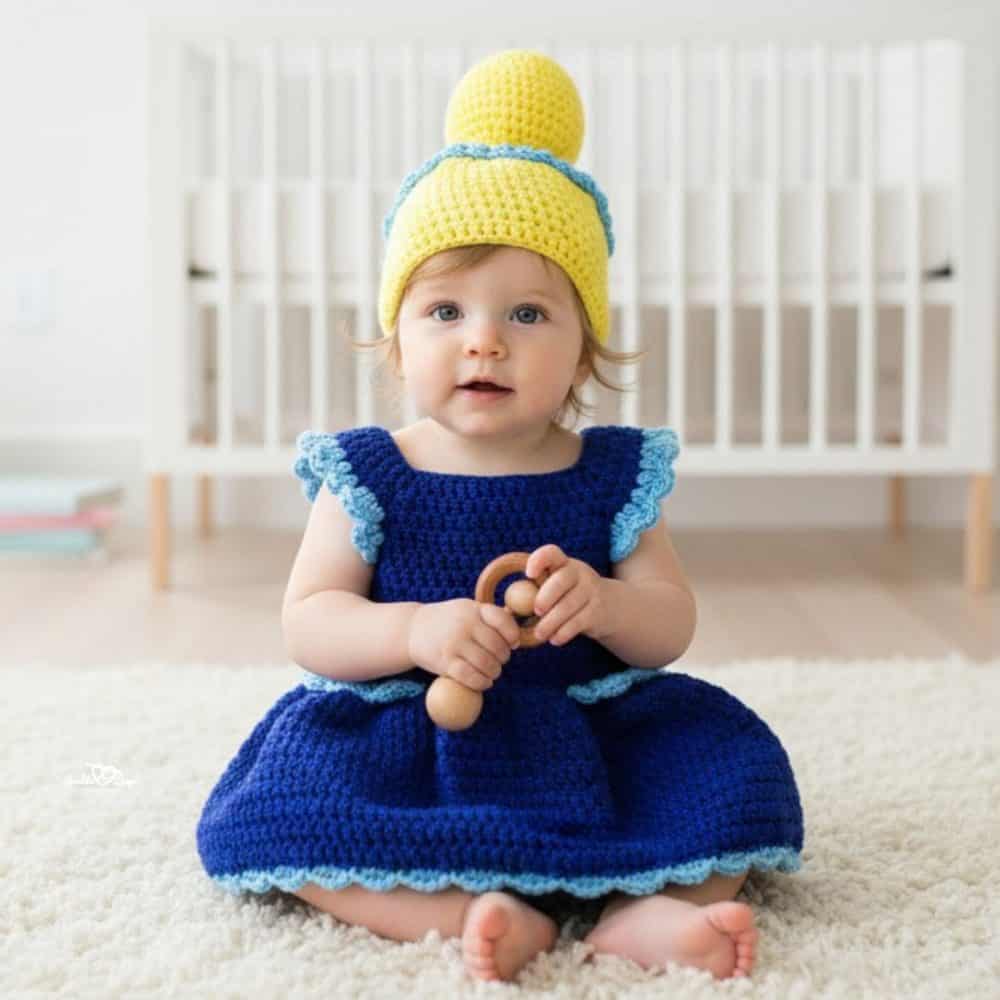 Crochet Cinderella-inspired baby costume with a blue dress and yellow bun hat, modeled by a baby in a neutral nursery.