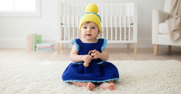 Baby wearing a blue crochet princess dress and yellow bun hat, sitting on a soft white rug in a bright nursery.