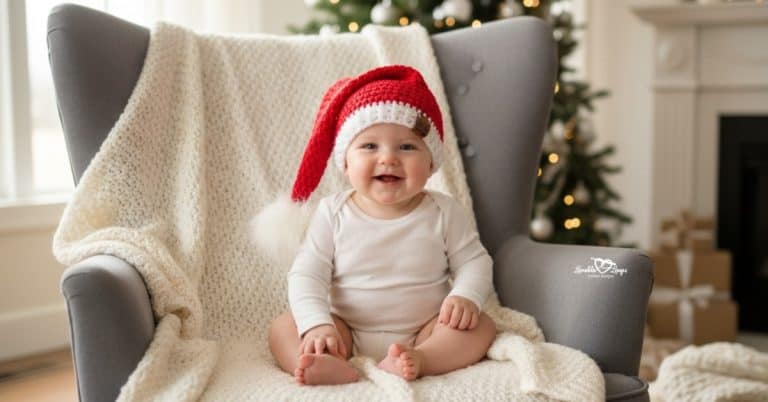 Smiling baby wearing a red and white crochet Santa hat while sitting in a cozy chair with a soft blanket in a Christmas-decorated living room.