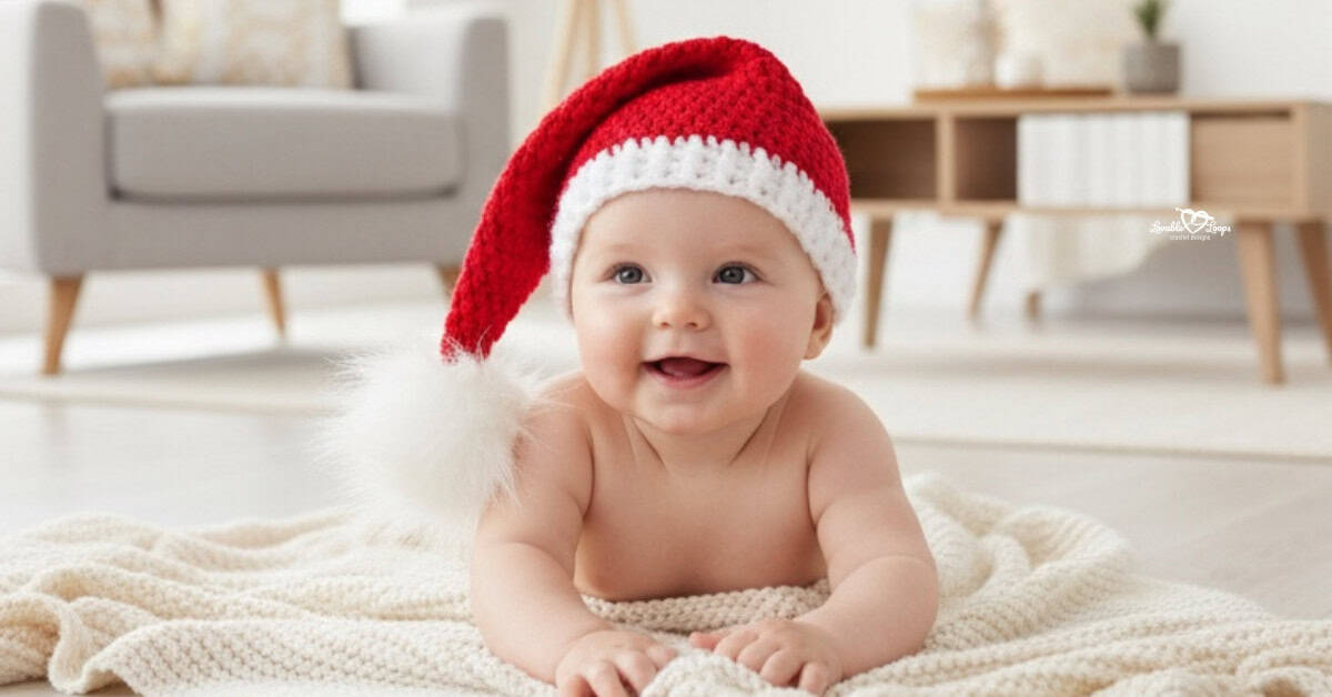 Baby lying on a soft cream blanket wearing a red and white crochet Santa hat with a fluffy white pom-pom in a bright neutral living room.