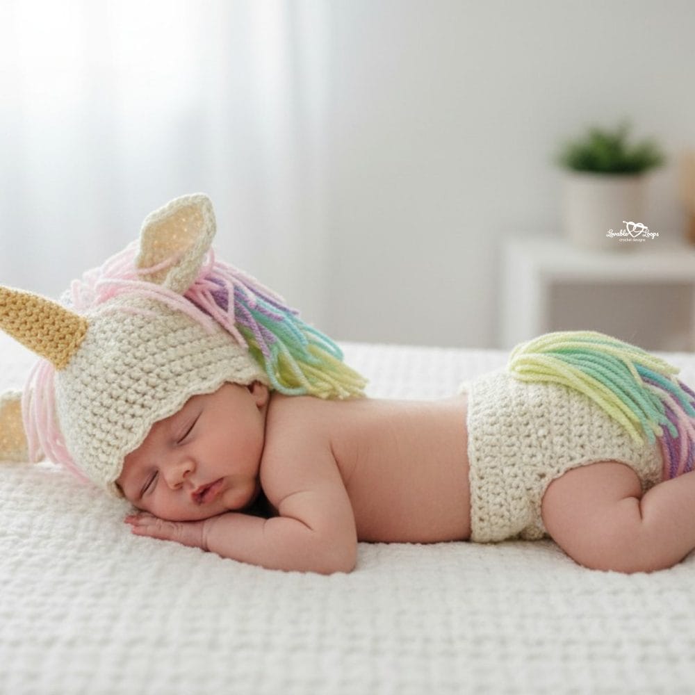 Sleeping baby lying on a white blanket, wearing a cream crochet unicorn hat with a gold horn and pastel mane, plus a matching cream diaper cover with a pastel tail on the back.