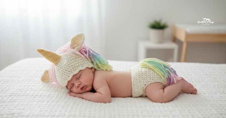Sleeping newborn baby lying on a white blanket, wearing a cream crochet unicorn hat with a gold horn and pastel mane, plus a matching cream diaper cover with a pastel tail on the back.