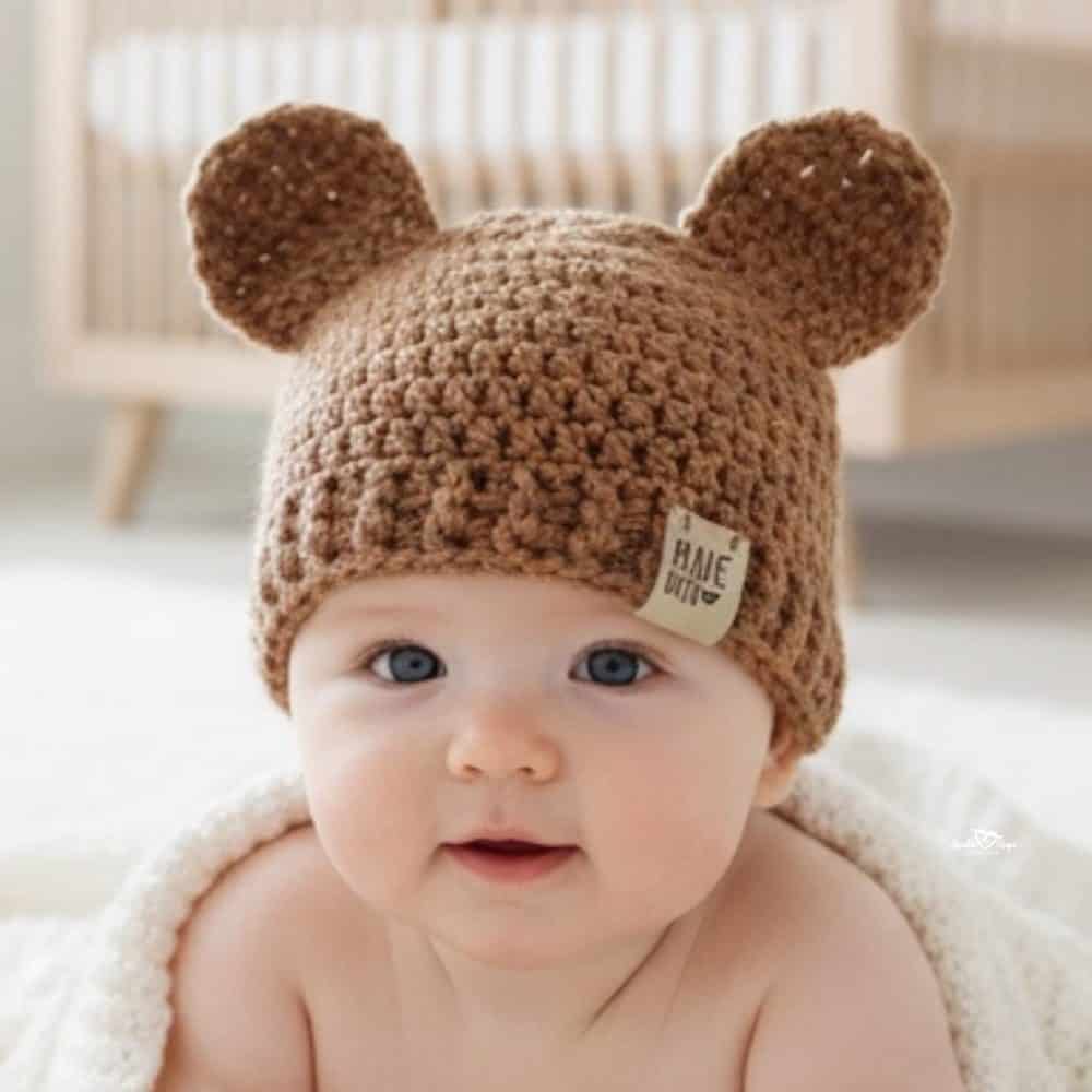 Baby wearing a brown crochet bear hat with round ears while lying on a soft cream blanket in a neutral nursery.