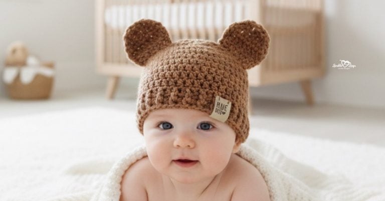Baby wearing a brown crochet hat with round bear ears in a soft neutral nursery.