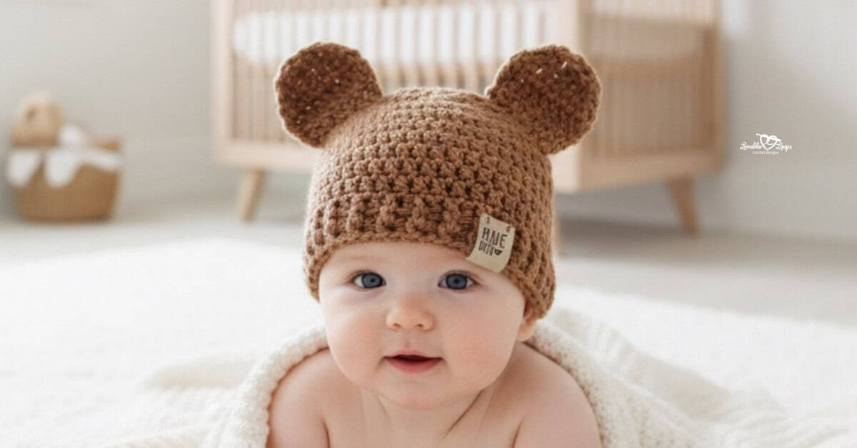 Baby wearing a brown crochet hat with round bear ears in a soft neutral nursery.