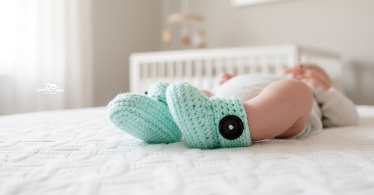 Close-up of a baby lying on a white blanket, wearing mint crochet baby booties with black buttons.