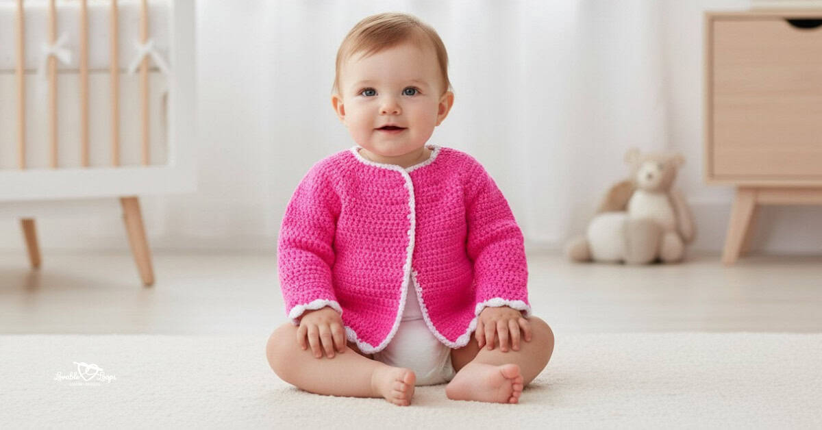 Baby sitting on a cream rug in a nursery, wearing a bright pink crochet cardigan with white edging.