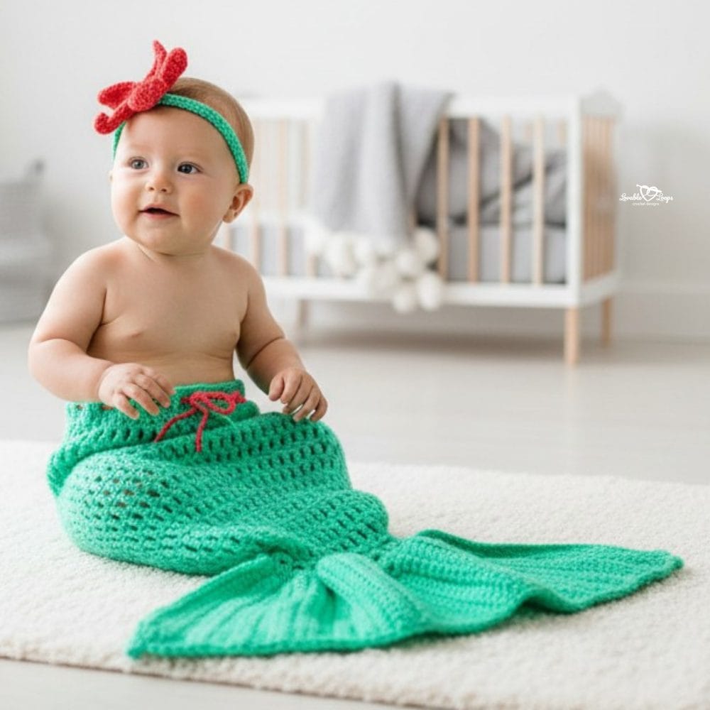 Crochet baby mermaid costume pattern with a green mermaid tail and red bow headband, shown in a soft neutral nursery.