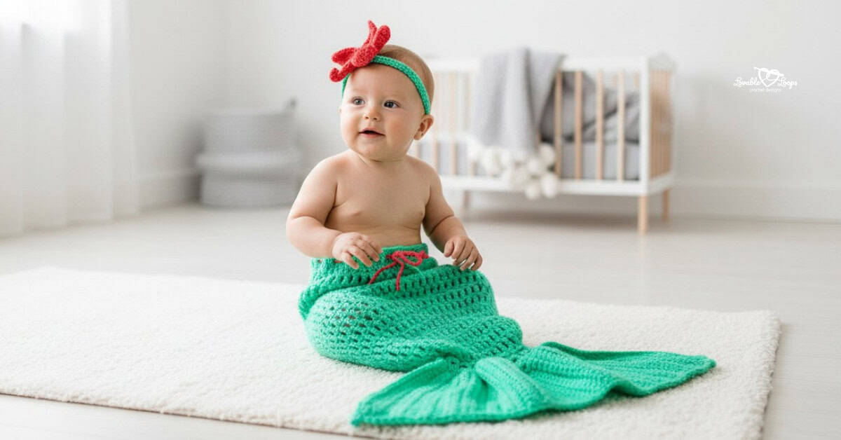 Baby wearing a green crochet mermaid tail and red bow headband, sitting on a white rug in a bright nursery.