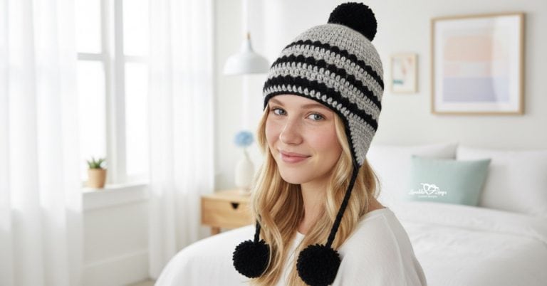 Teen girl wearing a black and white striped crochet beanie with ear flaps and black pom poms in a bright modern bedroom.