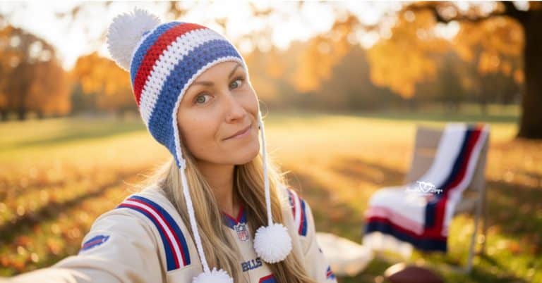 Woman wearing a red, white, and blue crochet earflap beanie with pom poms, photographed outdoors in a warm fall setting with soft golden light.