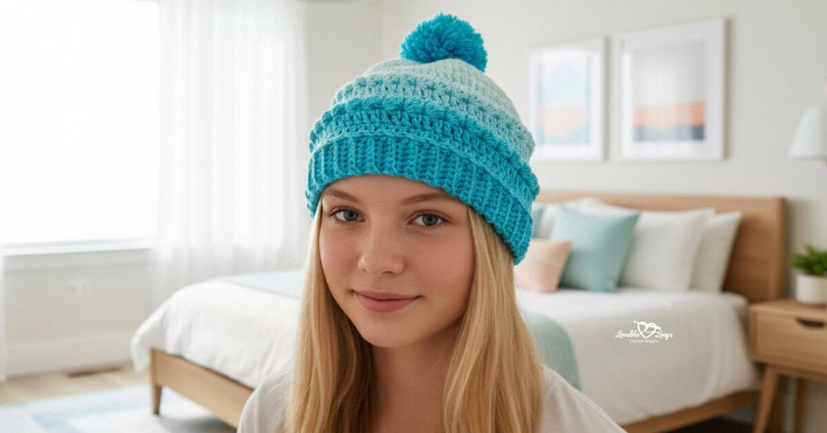Teen girl wearing a turquoise and white crochet hat with a pom pom in a bright modern bedroom.