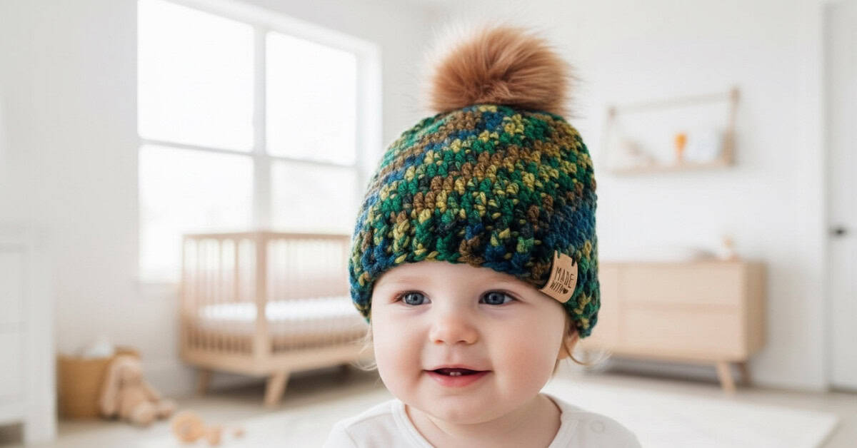 Baby wearing a multicolored crochet beanie in green, blue, and brown with a large faux fur pom-pom in a bright nursery.