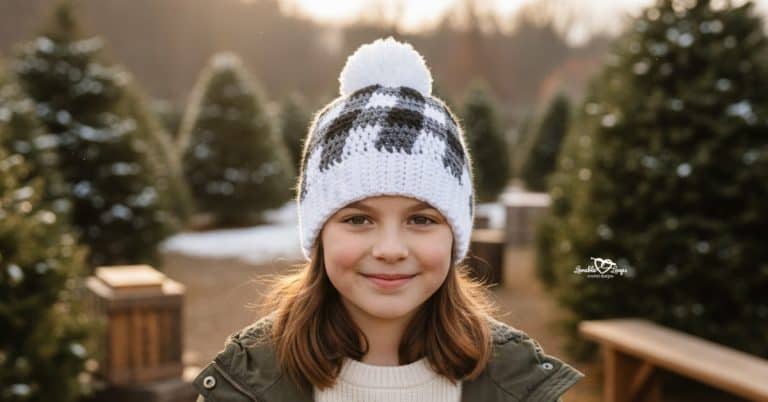 Girl wearing a black, gray, and white buffalo plaid crochet hat with a white pom-pom at a Christmas tree farm