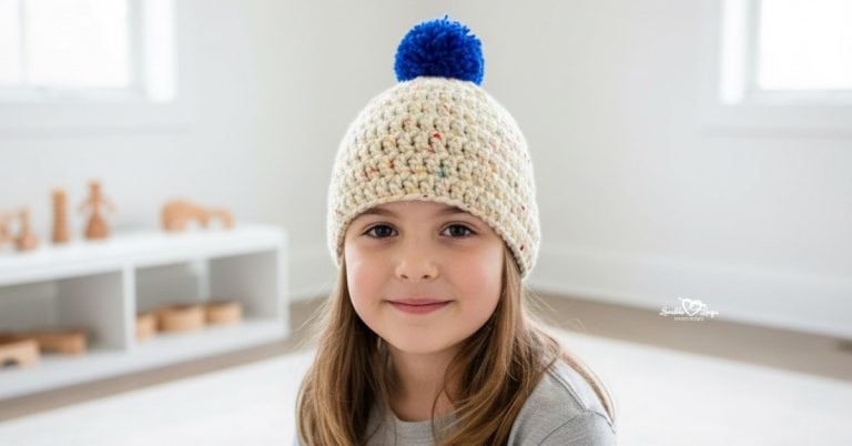 Child wearing a cream speckled crochet hat with a bright blue pom pom in a bright neutral room.