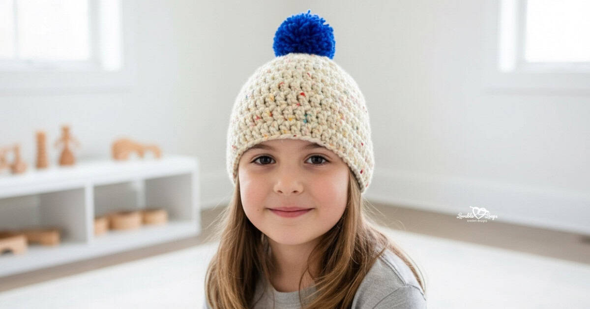 Child wearing a cream speckled crochet hat with a bright blue pom pom in a bright neutral room.