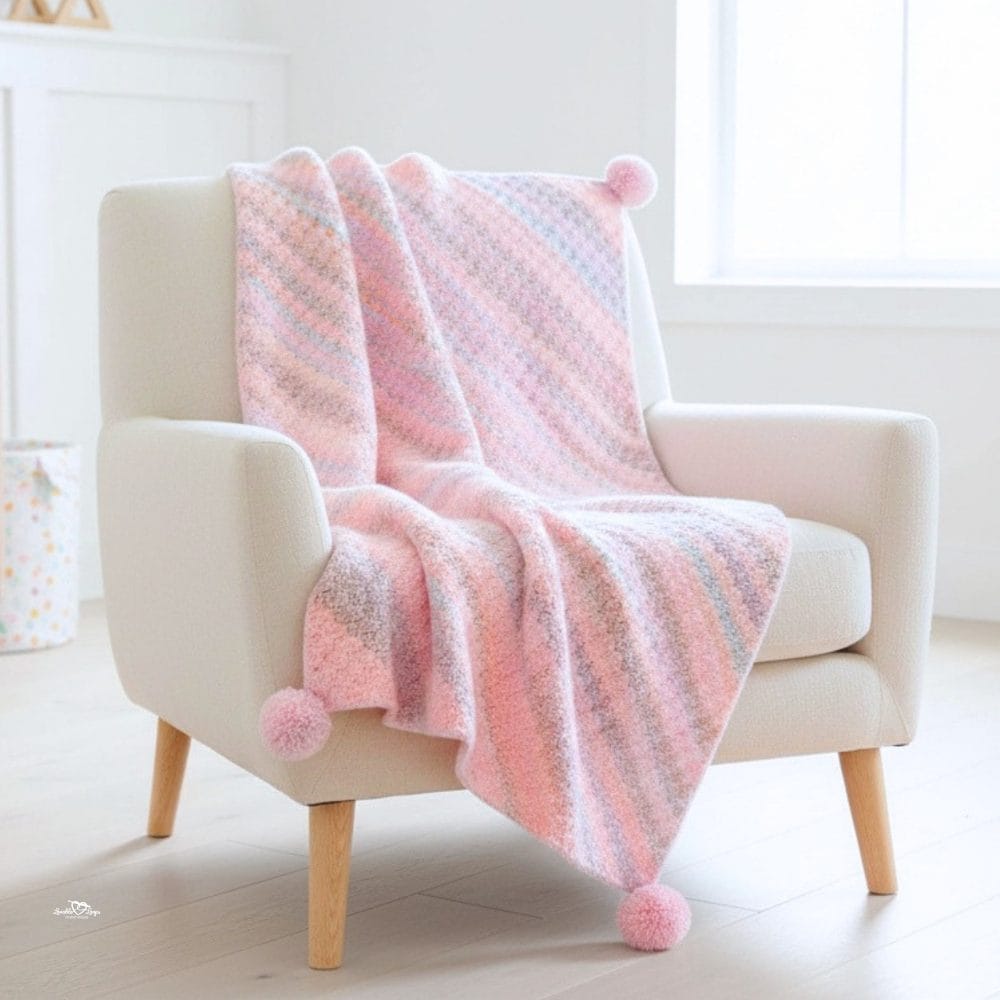 Soft pink crochet baby blanket with pom-poms draped over a cream armchair in a bright nursery.