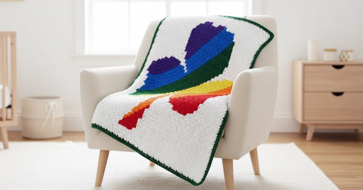 C2C baby blanket with a rainbow heart design on a white background draped over a cream armchair in a bright nursery.