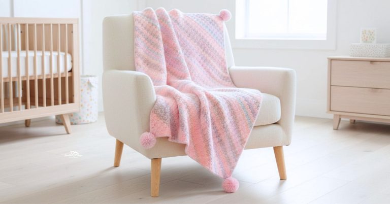 Soft pink C2C baby blanket with subtle stripes and pom-pom corners draped over a cream armchair in a bright nursery.