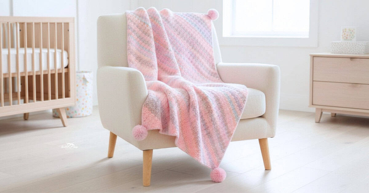 Soft pink C2C baby blanket with subtle stripes and pom-pom corners draped over a cream armchair in a bright nursery.