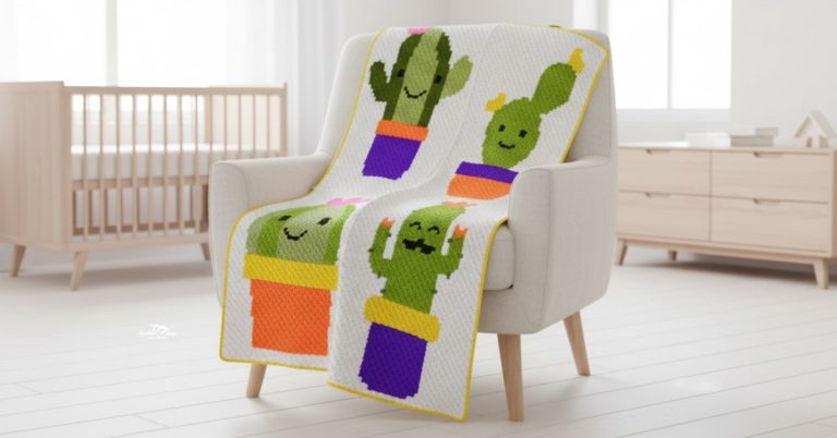 C2C crochet cactus blanket with smiling cactus panels in colorful flower pots draped over a cream armchair in a bright nursery.