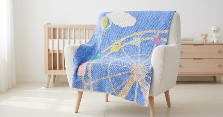 C2C carnival crochet blanket with a Ferris wheel, hot air balloon, and cloud draped over a cream armchair in a bright nursery.