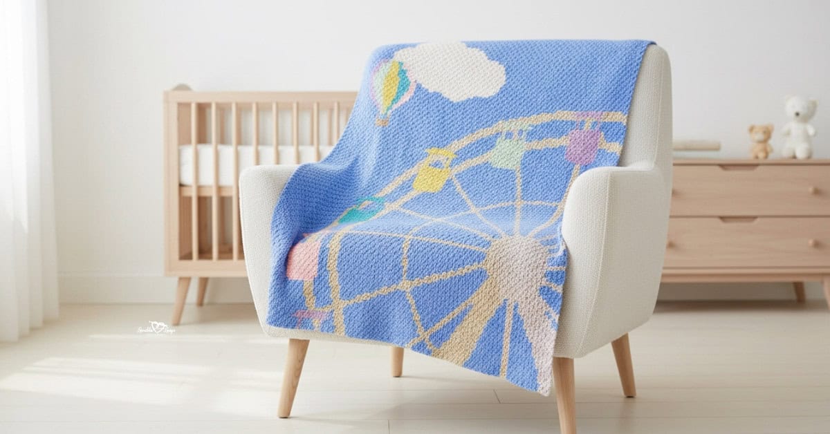 C2C carnival crochet blanket with a Ferris wheel, hot air balloon, and cloud draped over a cream armchair in a bright nursery.