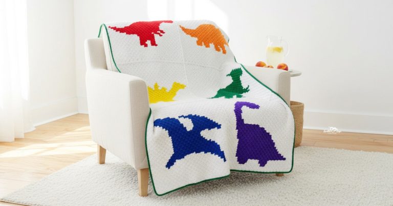 White crochet heart blanket draped over a cream armchair in a bright living room, featuring colorful rainbow hearts along the edges, with a side table holding lemonade and fruit and a woven basket nearby.