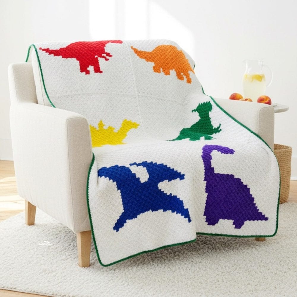 Colorful C2C dinosaur crochet blanket draped over a cream armchair, featuring six dinosaur silhouettes on a white background.