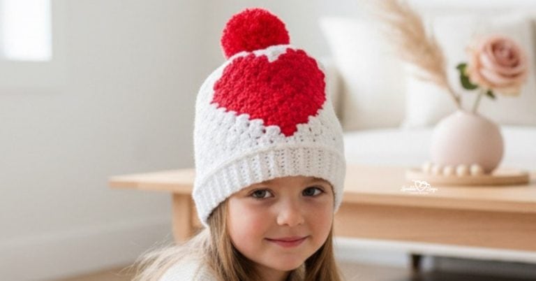 Child wearing a white C2C crochet heart hat with a red heart and red pom pom in a bright cozy living room with soft Valentine decor
