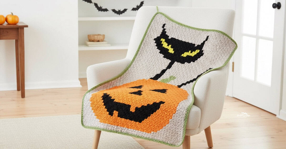alt Jack-o&rsquo;-lantern crochet blanket draped over a white armchair in a bright room with light wood floors, subtle Halloween decor, and black bat wall accents.