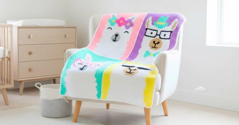 C2C crochet llama blanket with colorful llama face panels draped over a cream armchair in a bright nursery.