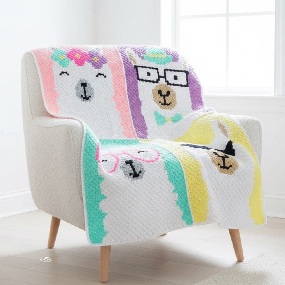 C2C llama crochet blanket draped over a cream armchair in a bright nursery, featuring four pastel llama blocks with floral, glasses, and bow tie details.